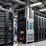 Современная серверная стойка с установленным ИБП внизу, обеспечивающая бесперебойное питание критичного оборудования.
